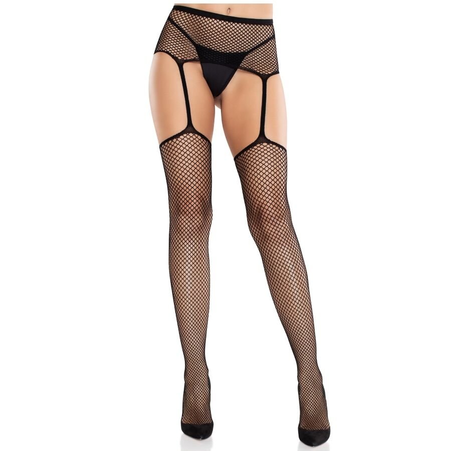 LEG AVENUE - CALZE IN PIZZO CON CROCE E CINTURA REGGICALZE NERE